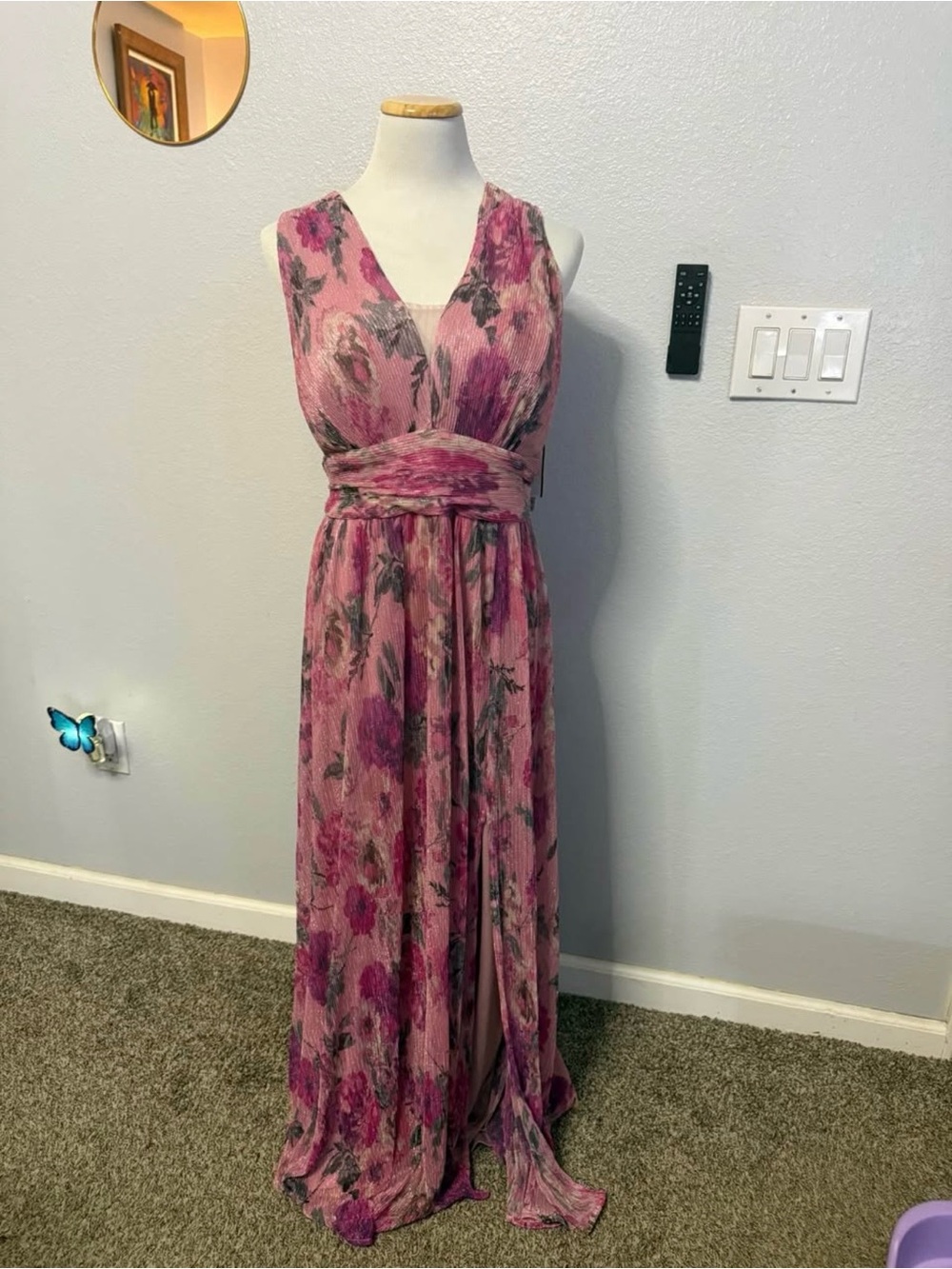R&M Richards Pink Floral Sleeveless Wrap Maxi Dress
